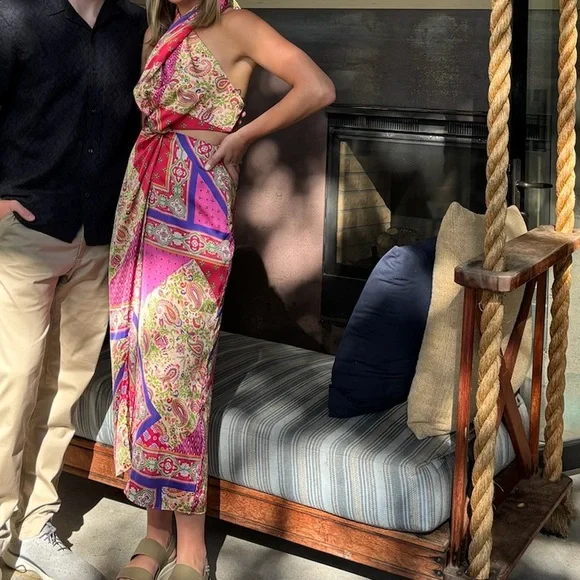 Zara patchwork printed halter neck midi dress